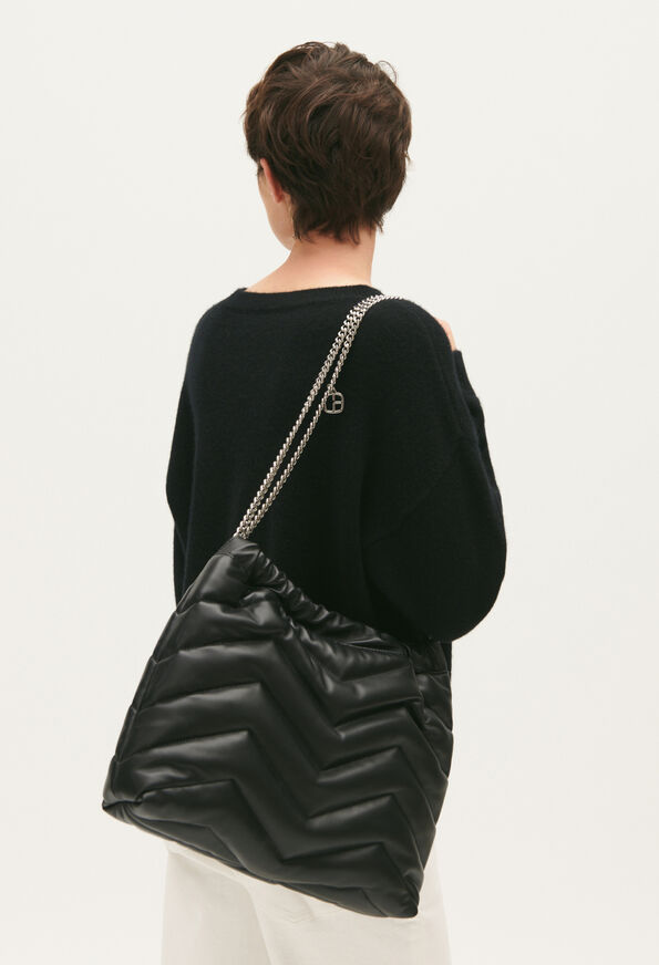 Large black quilted leather bucket bag in size TU