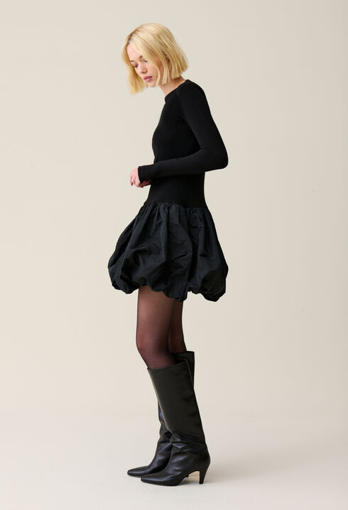 Black mixed-fabric ball-skirt dress