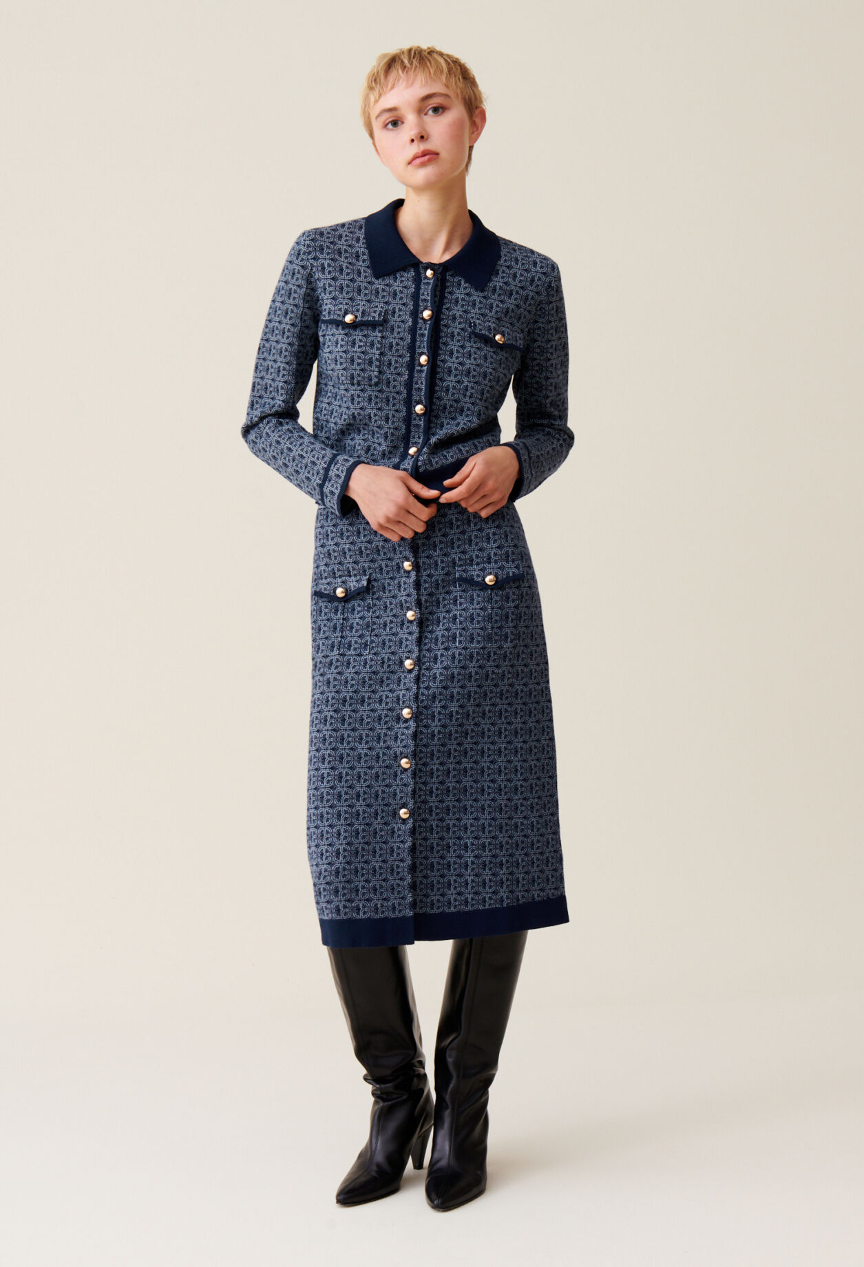 Navy monogram short dress for women | Claudie Pierlot