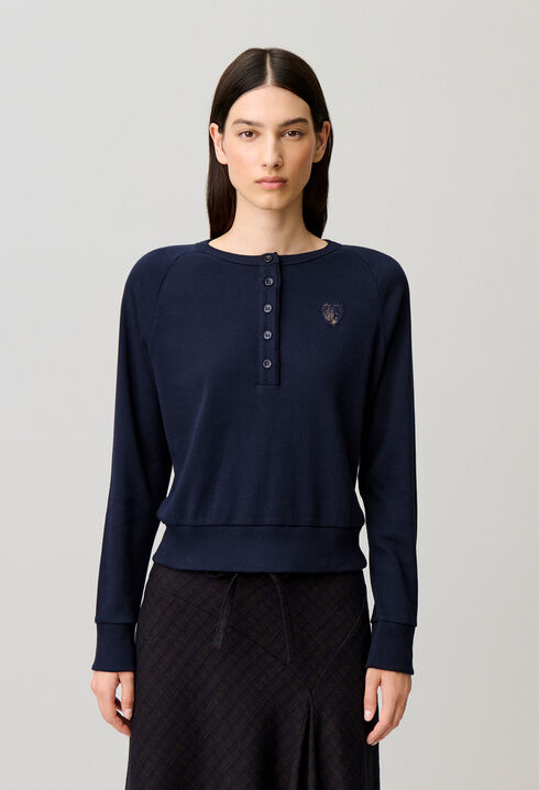 Navy Cotton Henley Top with Lace Heart