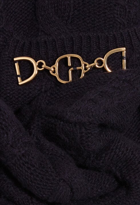 Navy blue cable-knit jumper