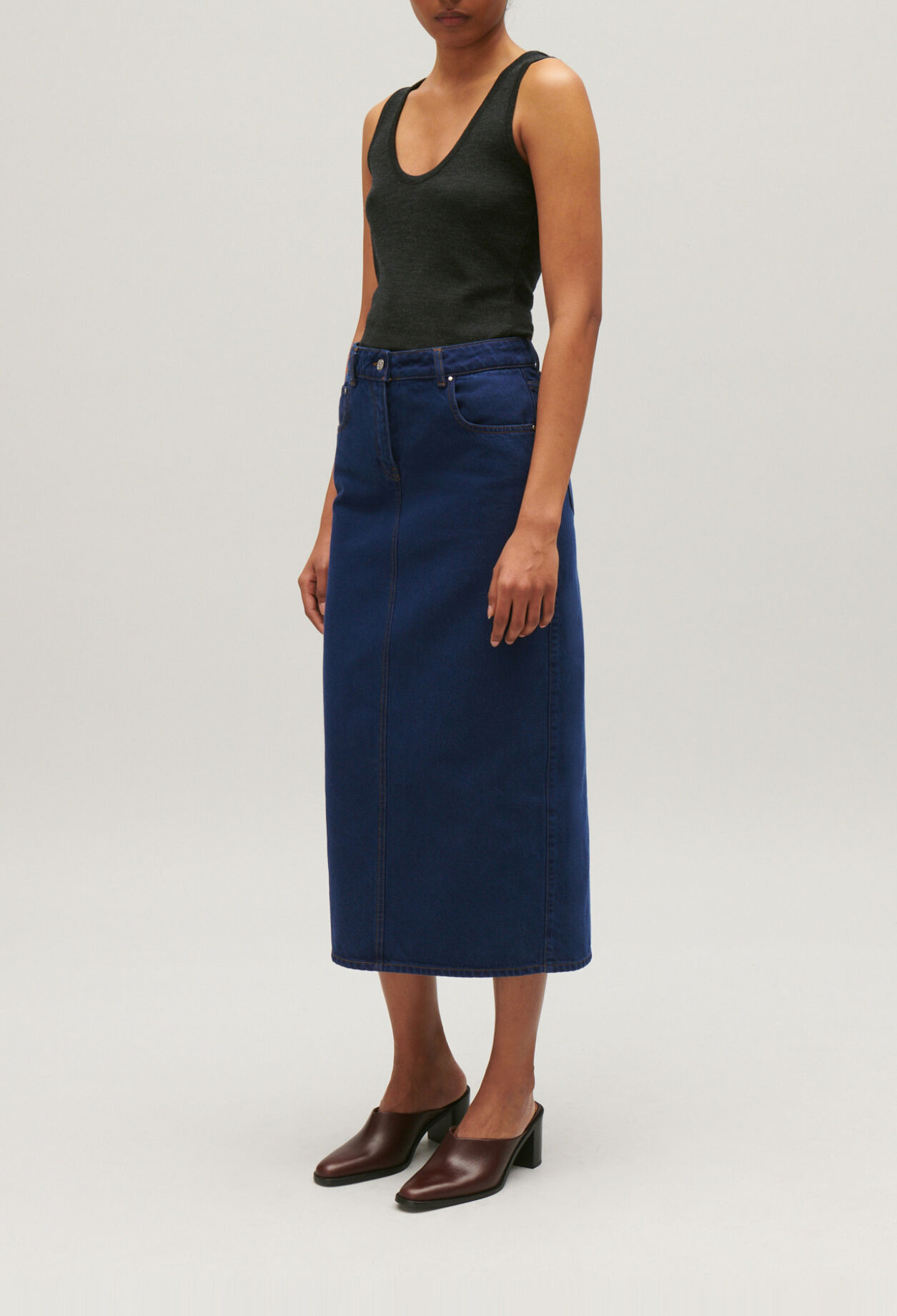 Blue denim midi skirt