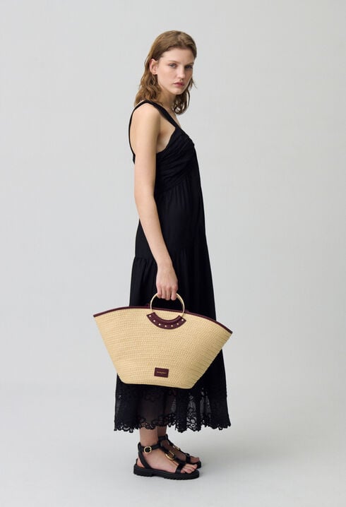 Braided raffia basket with handles