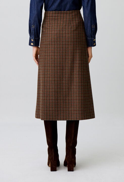 Straight check wool blend skirt