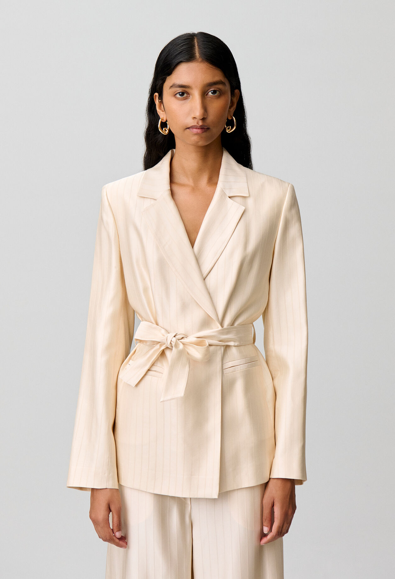 Belted satin tailored jacket