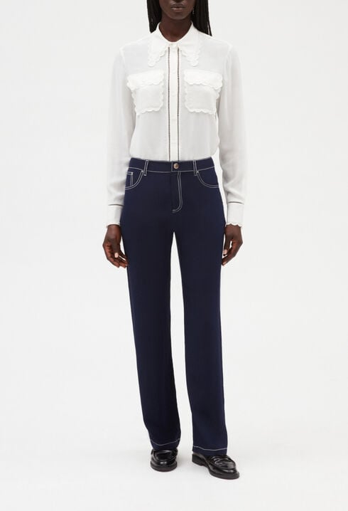 Blue silk straight trousers