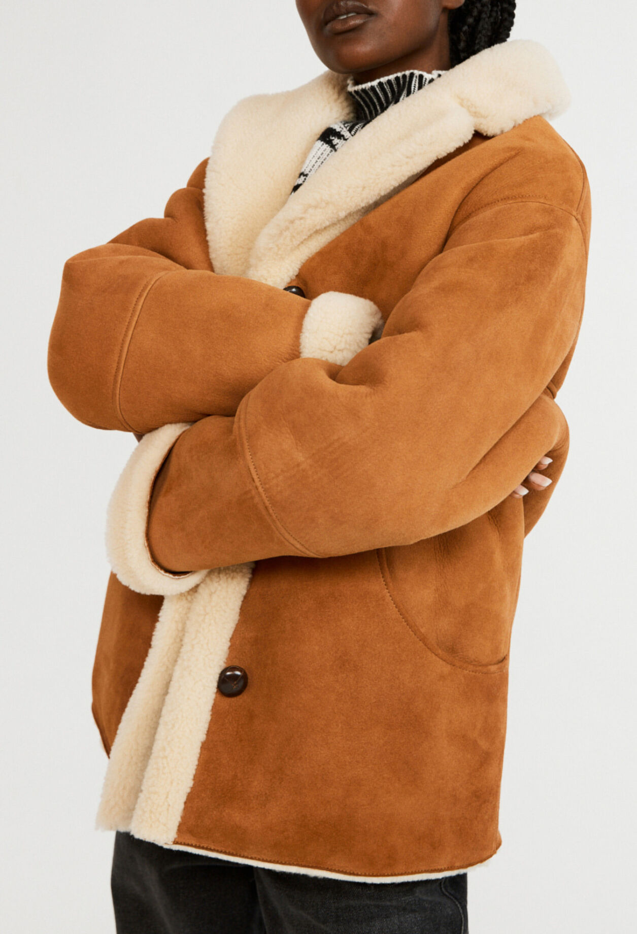 Reversible camel shearling coat