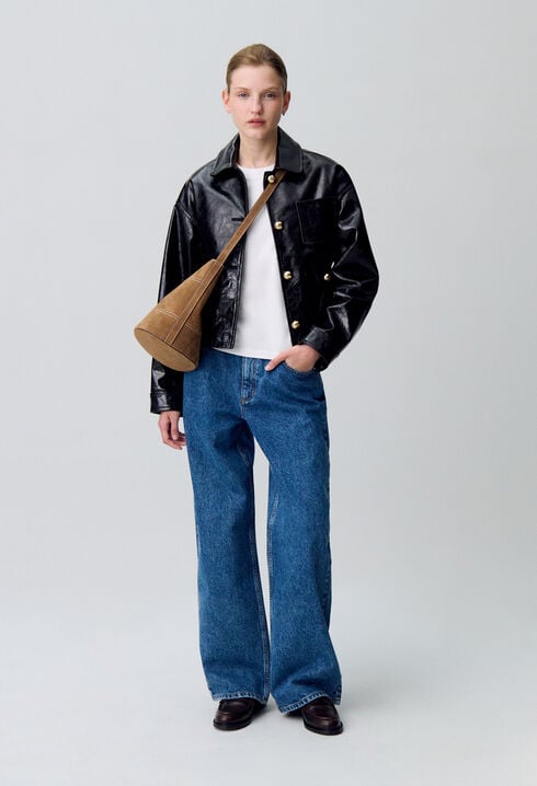 Aged patent leather jacket