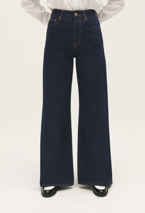 Blue straight-leg raw denim jeans