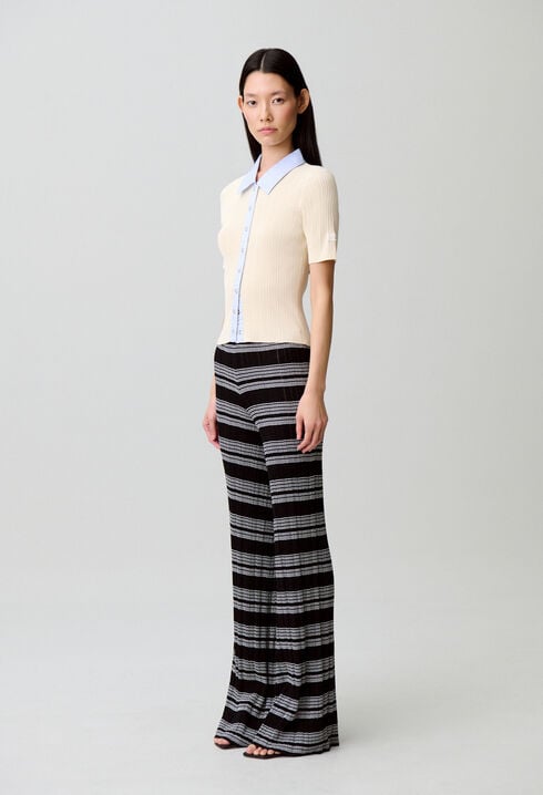 Striped bi-material cardigan