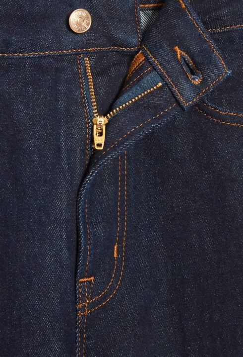 Blue straight-leg raw denim jeans