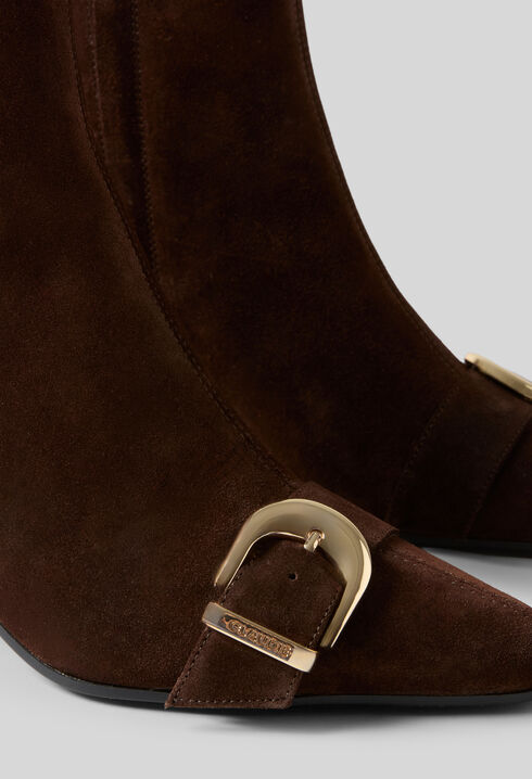 Suede ankle boots with gold buckle