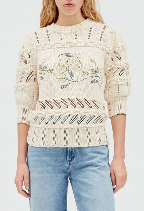 Knitted jumper with mimosa motifs