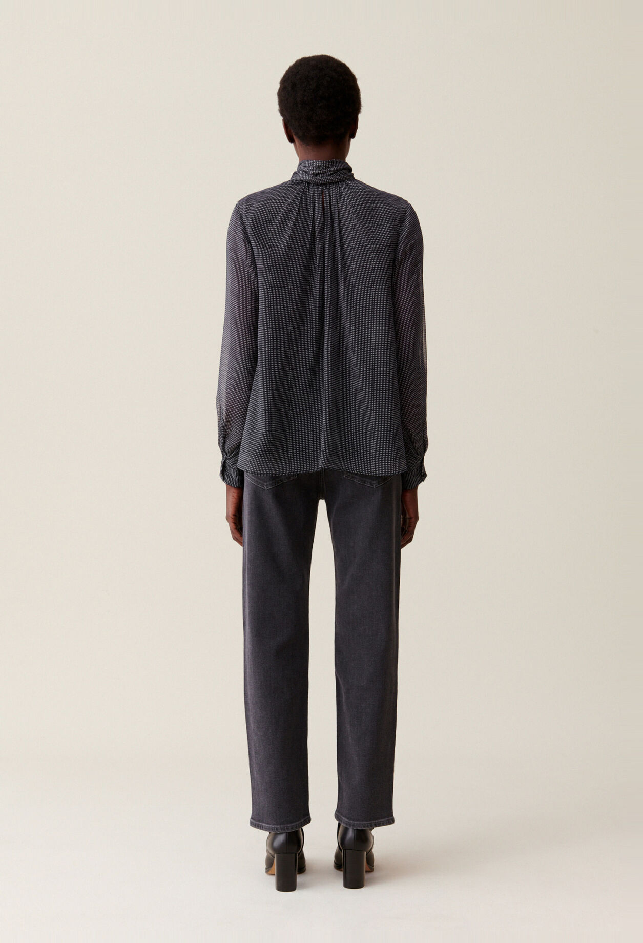 Fluid Check Tie-Neck Blouse