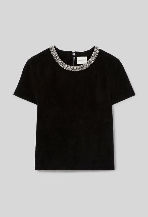 Short velvet-effect knit top