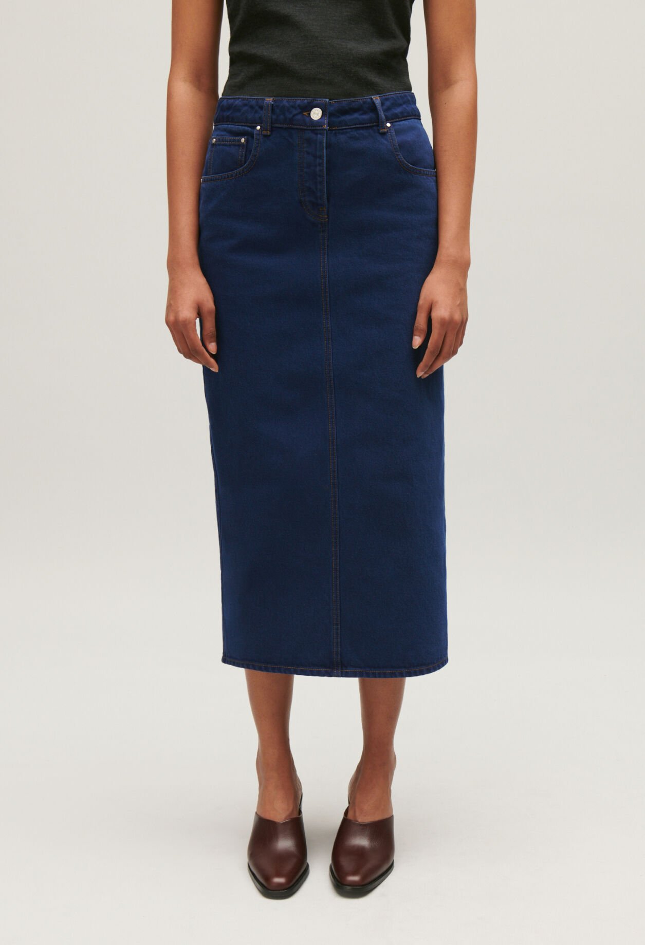Blue denim midi skirt