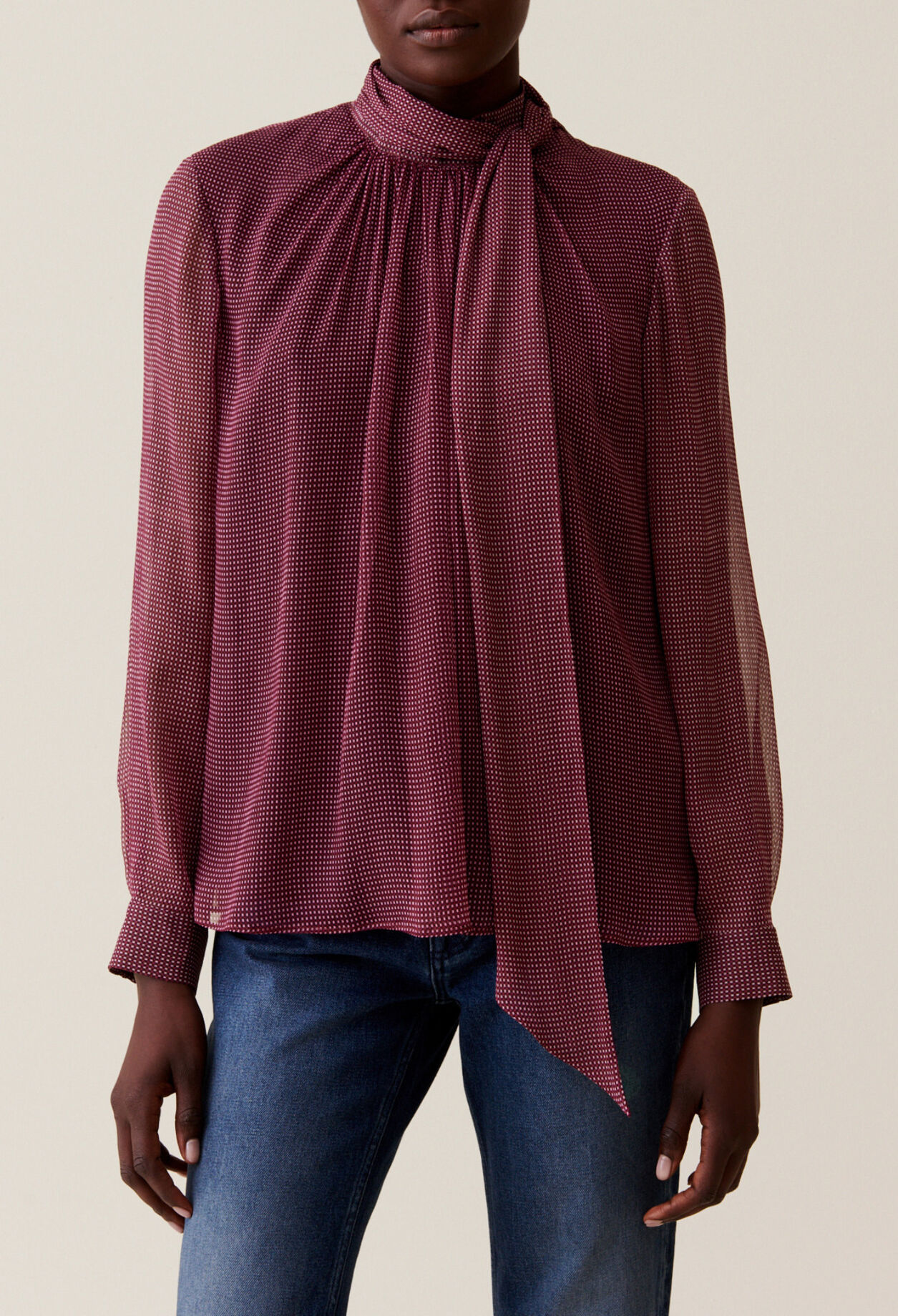 Fluid Check Tie-Neck Blouse