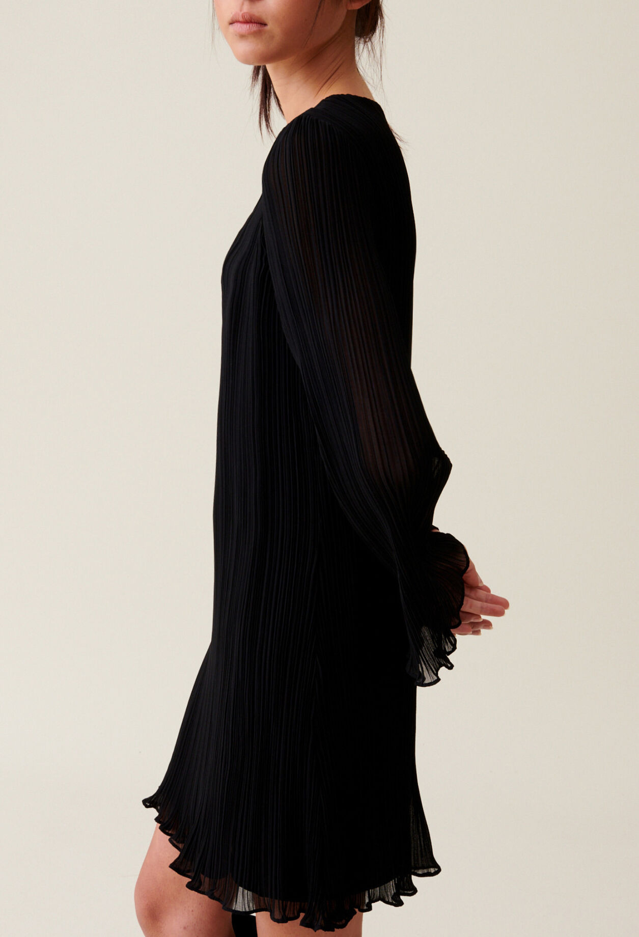 Pleated Short Dress, Long Sleeves