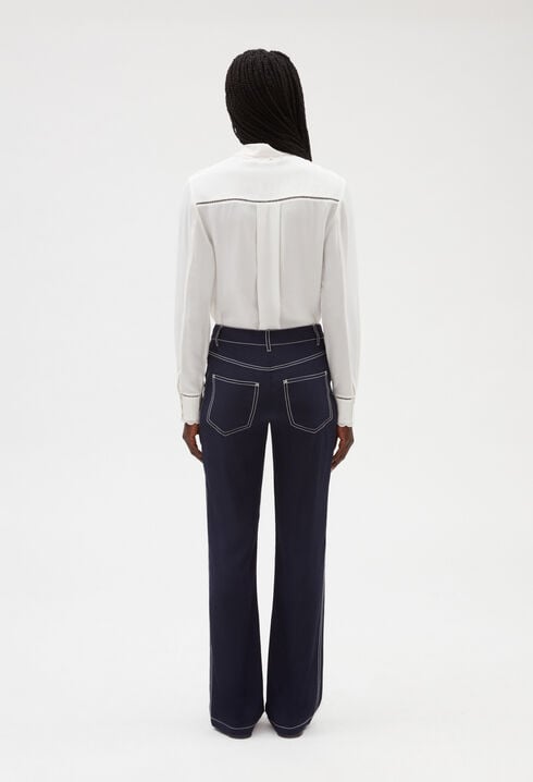 Blue silk long straight trousers