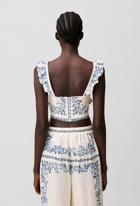 Ruffled linen bustier top