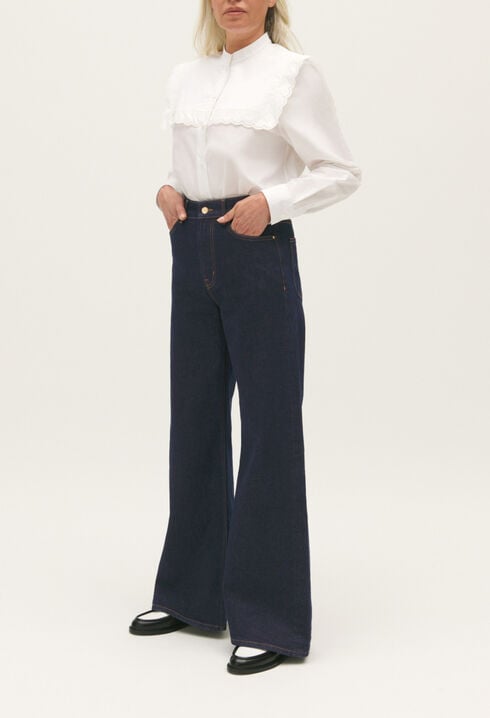 Blue straight-leg raw denim jeans