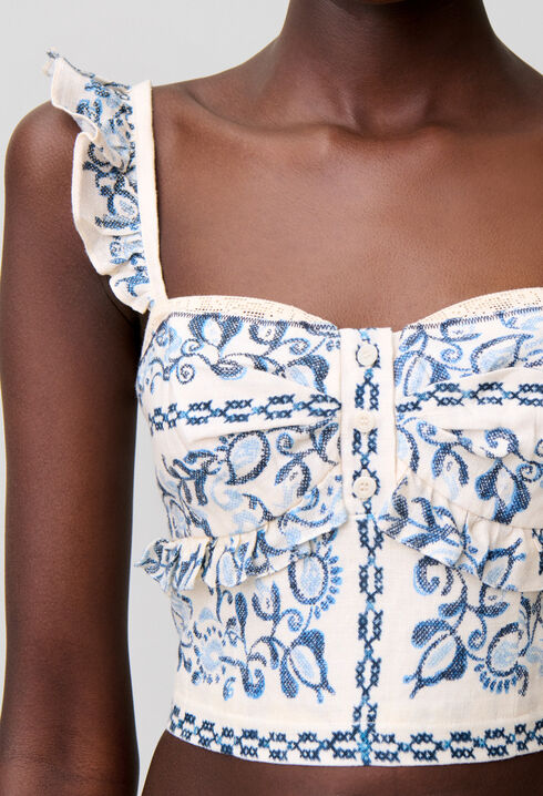 Ruffled linen bustier top