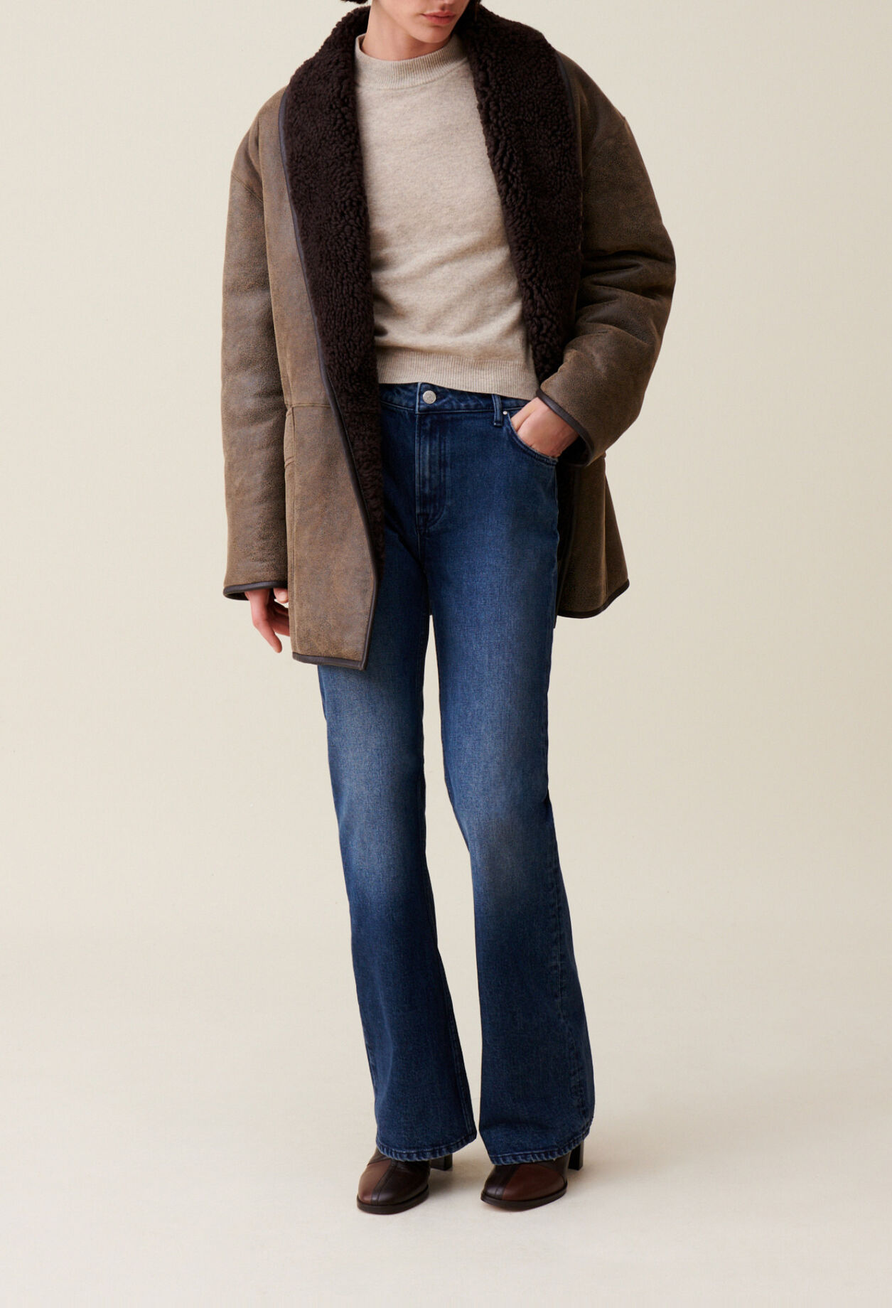 Taupe belted shearling jacket