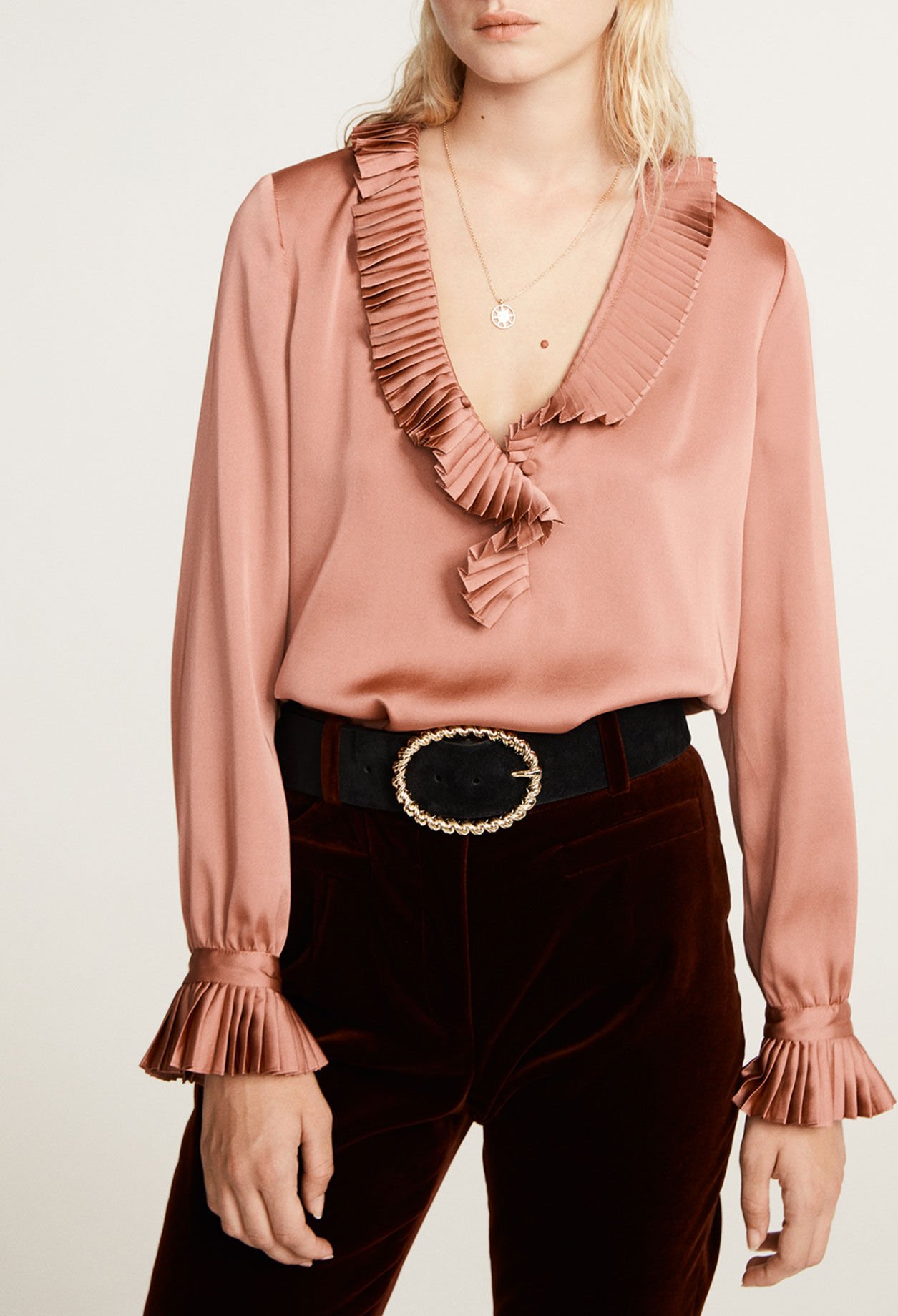 Blouse with ruffled neckline
