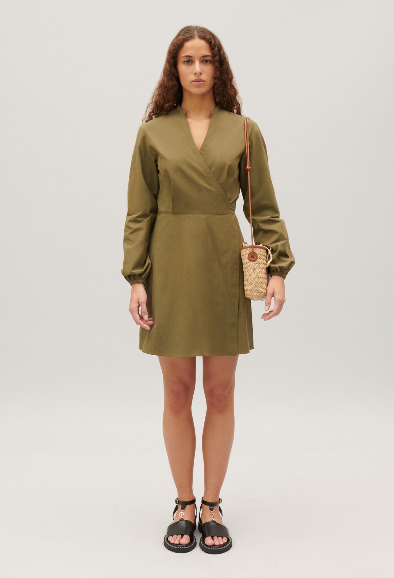 Short wrap dress with mandarin collar