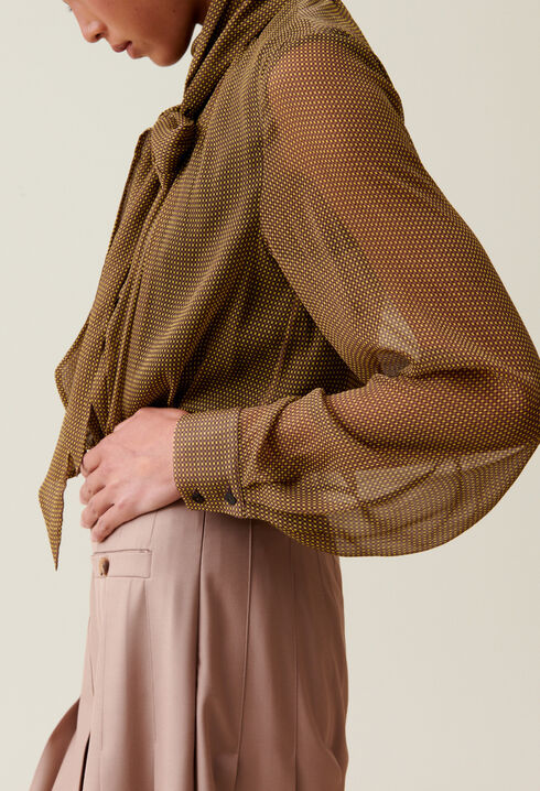 Fluid Check Tie-Neck Blouse