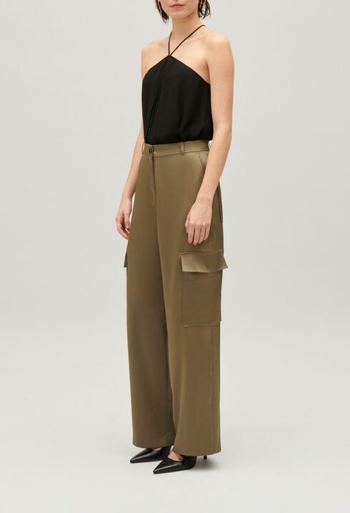Khaki satin-effect floaty cargo trousers