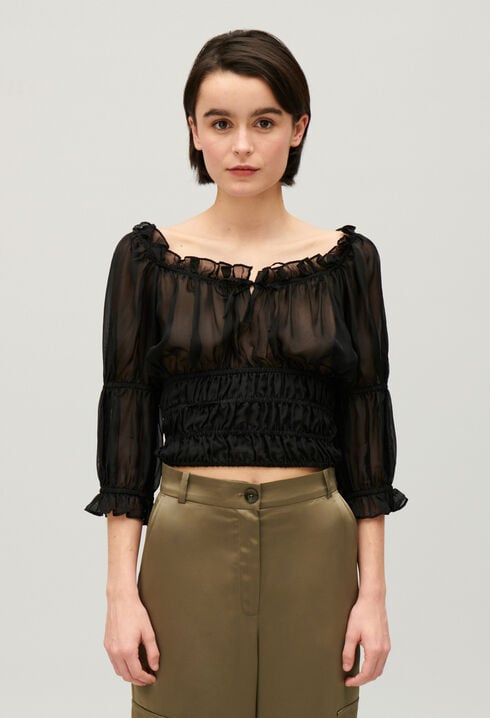 Short black ruffled blouse
