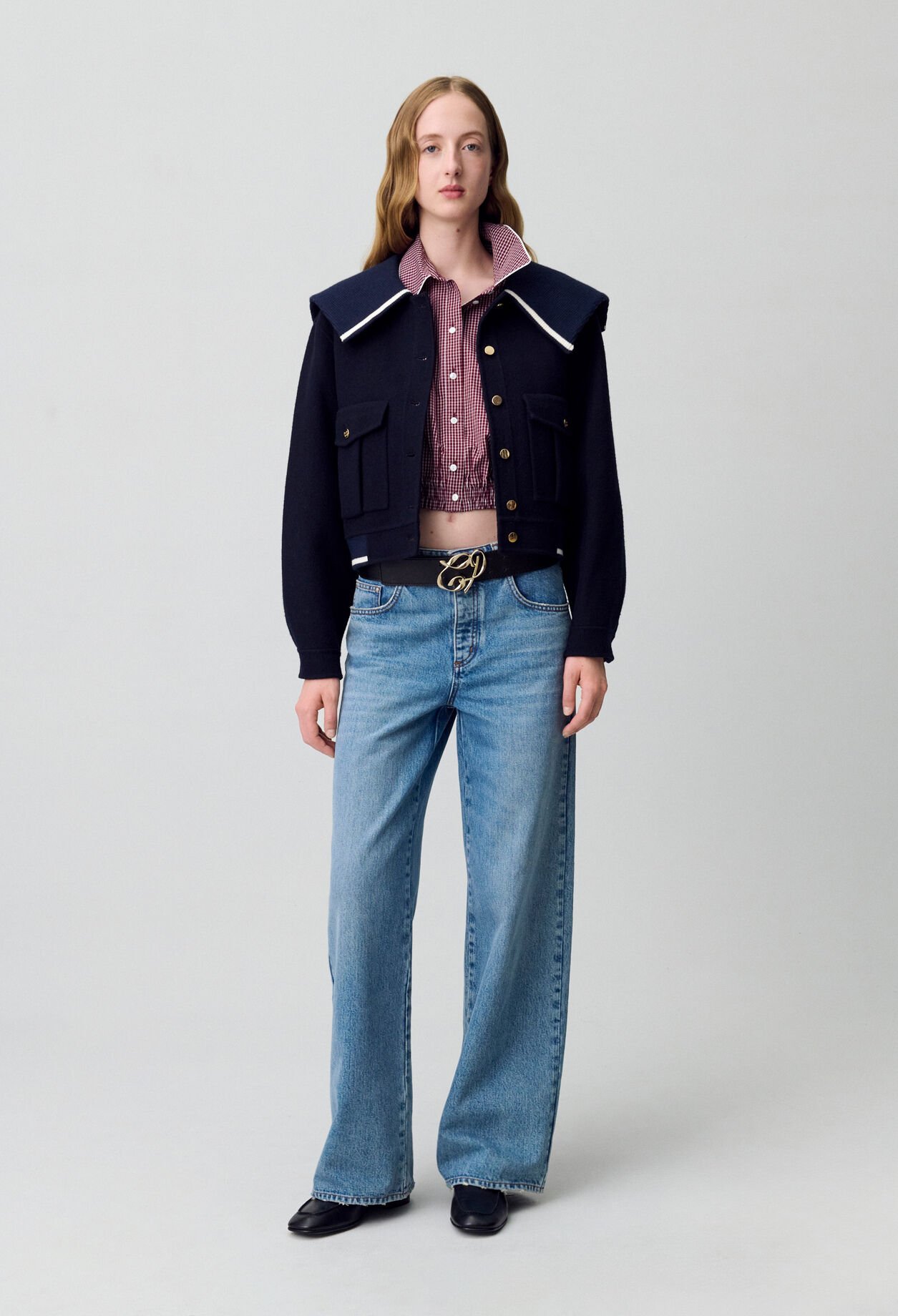 ★パリ CLAUDIE PIERLOT★ 襟 ウール ショート ジャケット 紺 ☆パリ CLAUDIE PIERLOT☆ 襟 ウール ショート ジャケット 紺