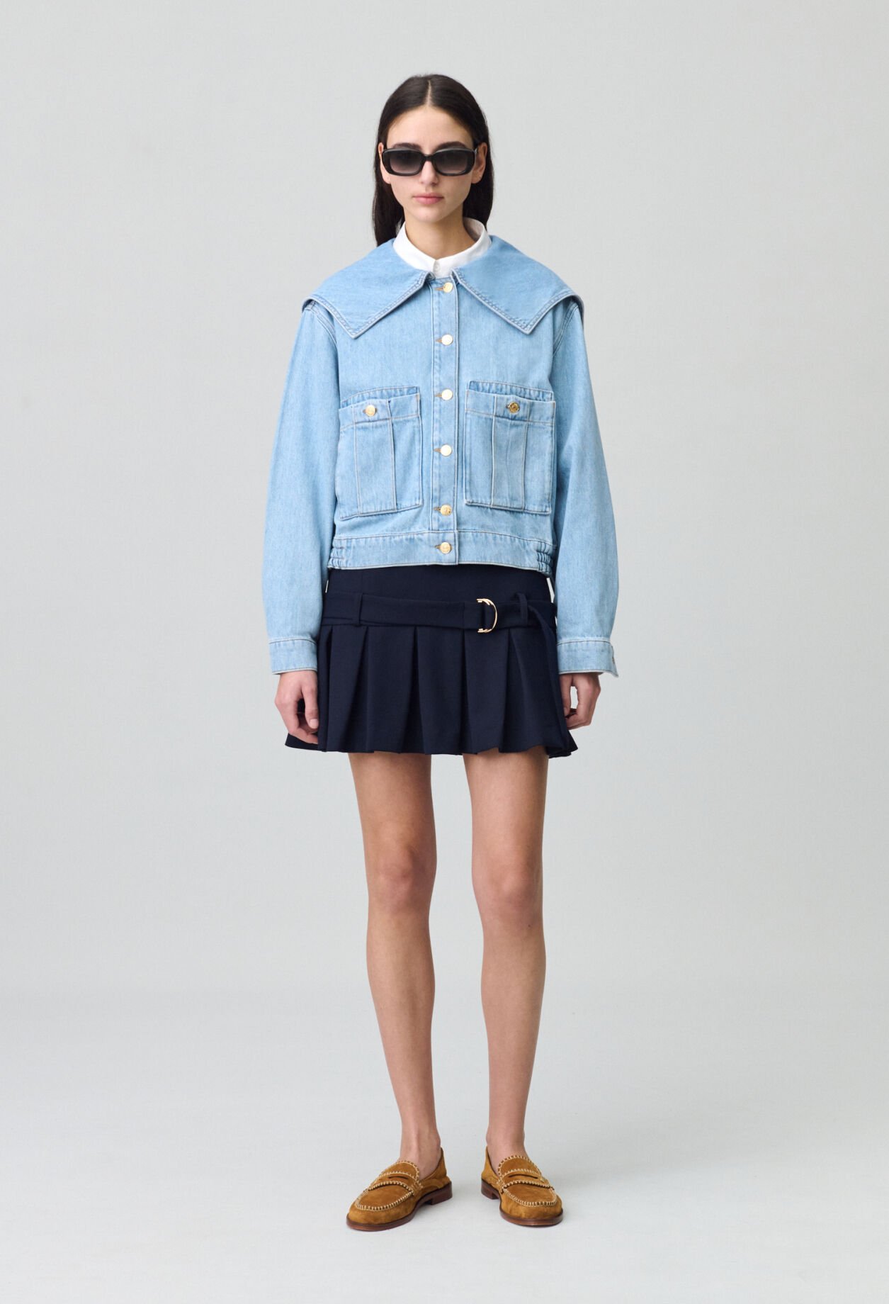 CLAUDIE PIERLOT コットン風シャツカラーコンビショート Jackie コットン天竺 シャツコンビショートスリーブクルーネックプル