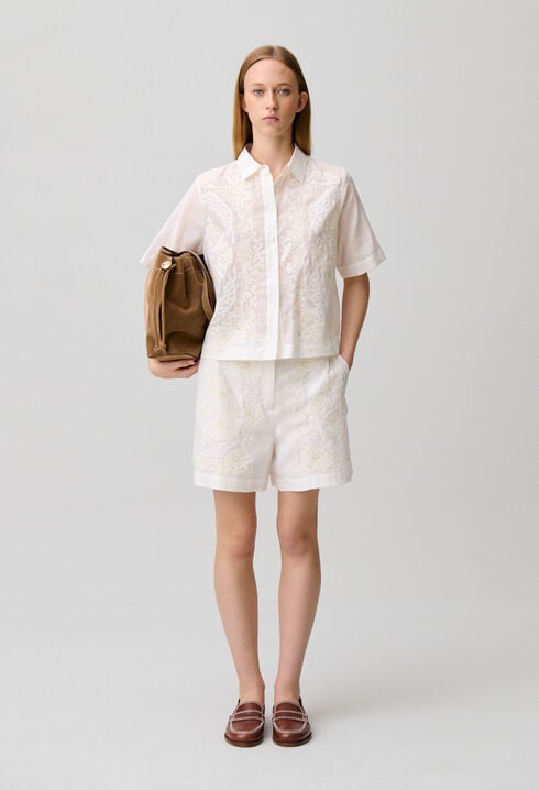 Embroidered cotton ramie shorts