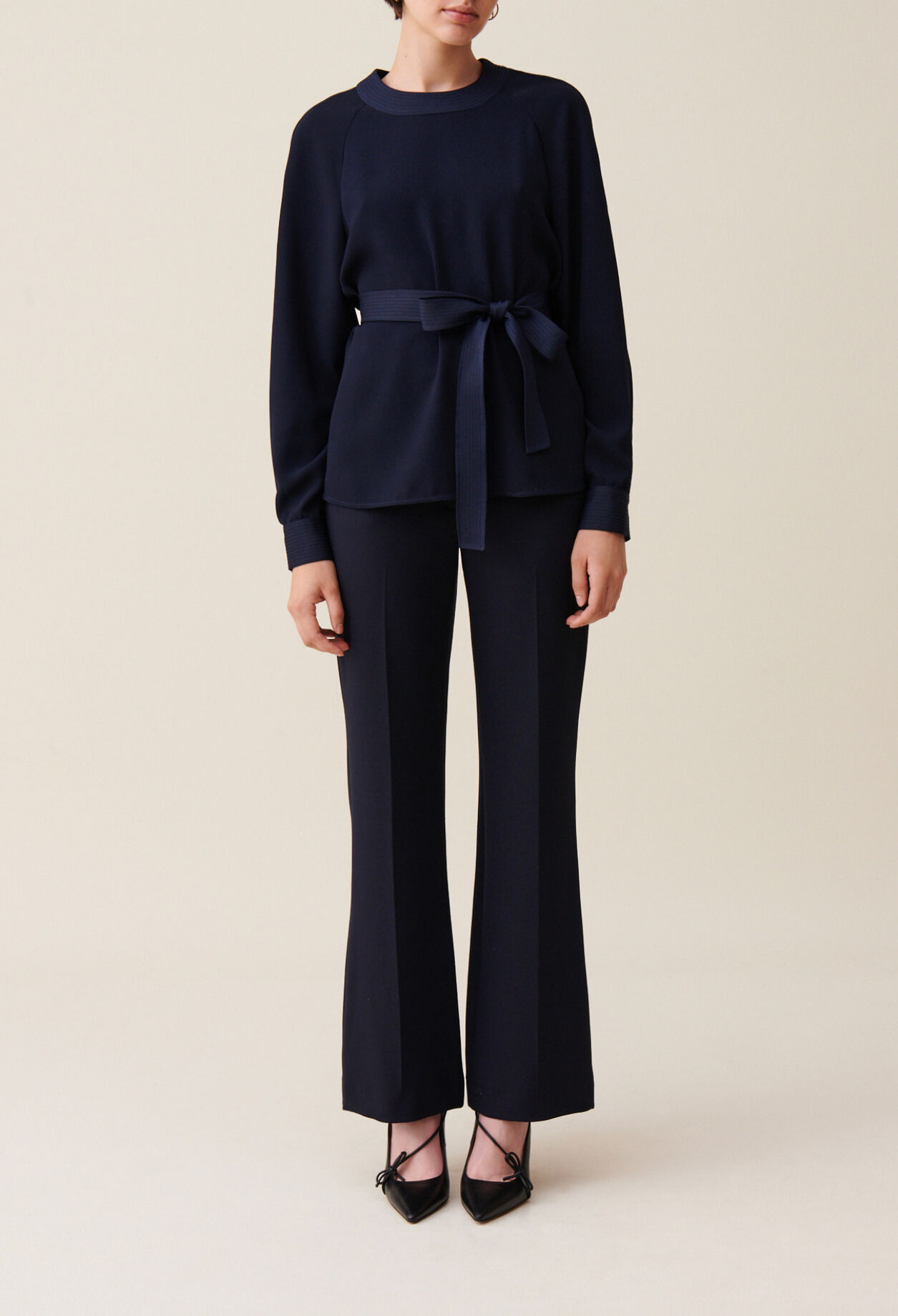 Navy belted flowy blouse