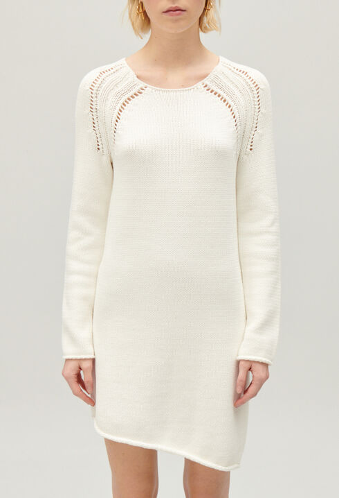 Short ecru asymmetric knitted dress