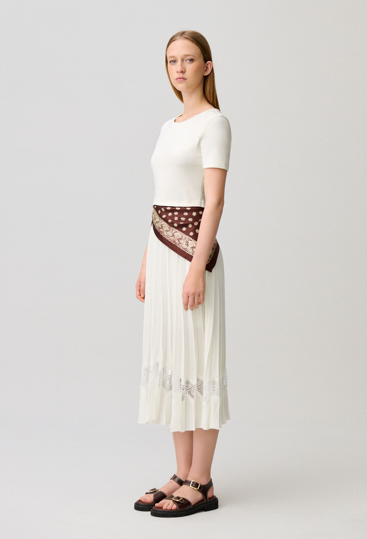 Twist ivory bi-material midi dress