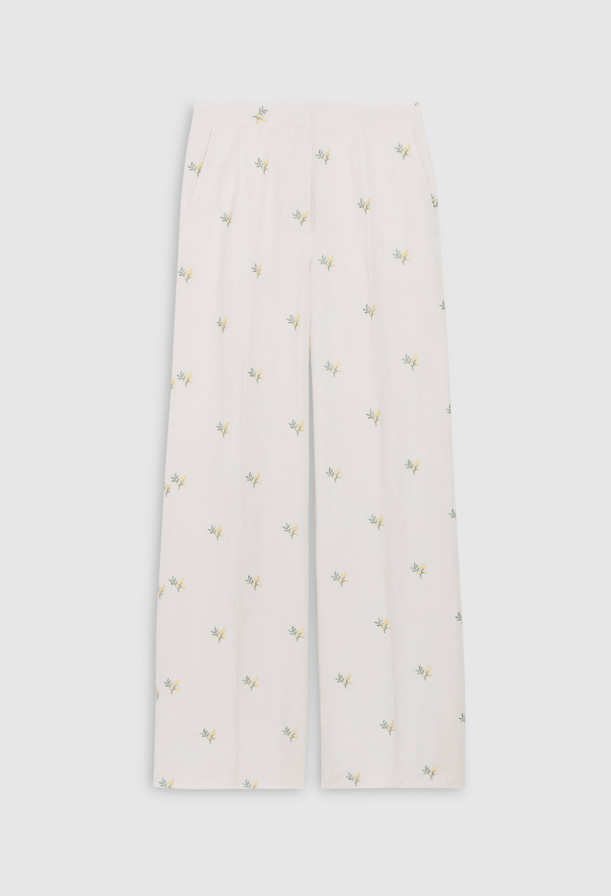 Trousers with embroidered mimosa pattern