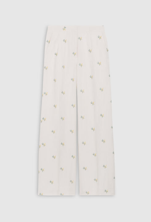 Trousers with embroidered mimosa pattern