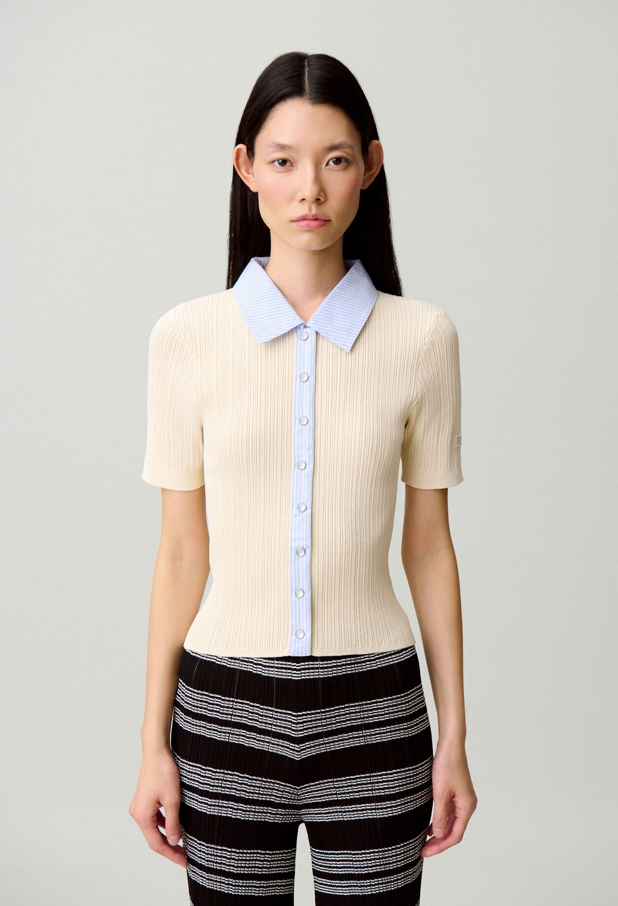 Striped bi-material cardigan