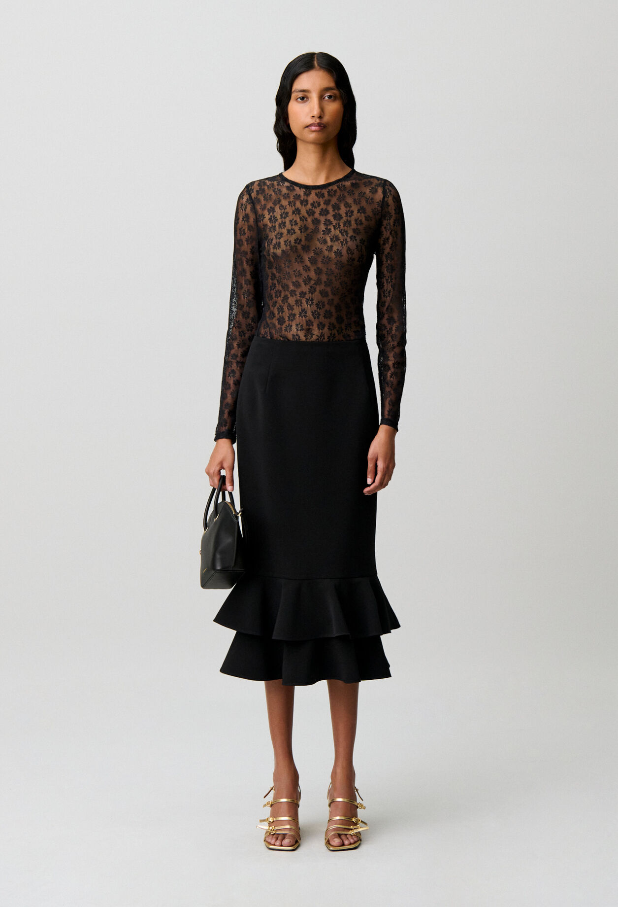 Fitted long-sleeved lace T-shirt