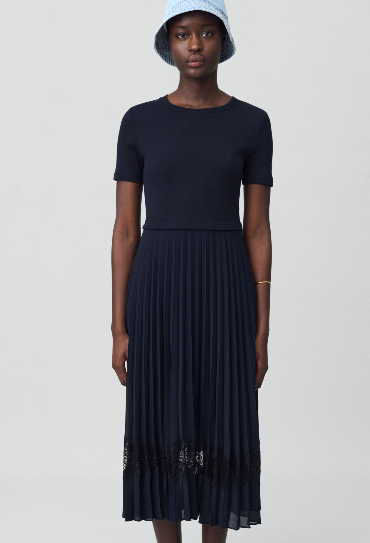 Black and navy bi-material dress 