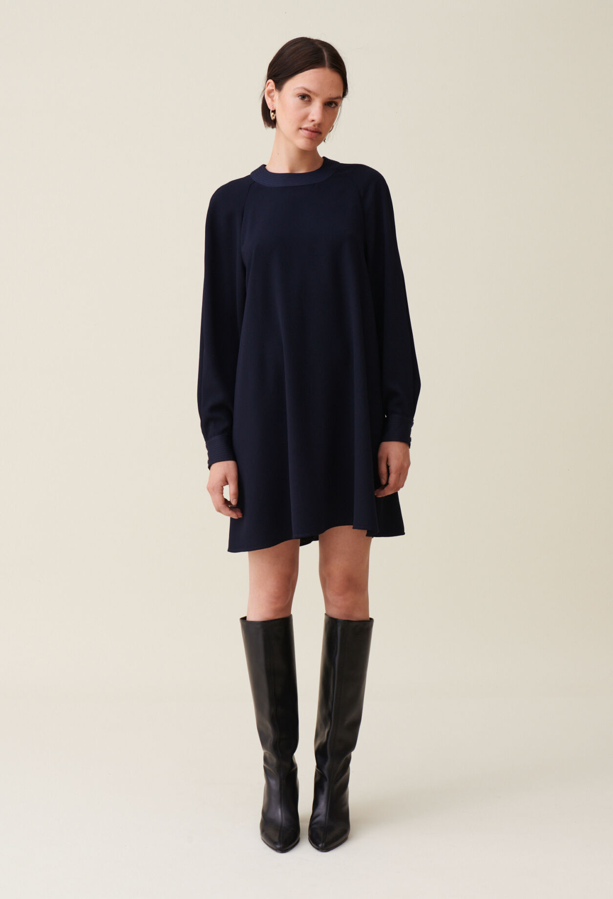 Navy belted babydoll dress