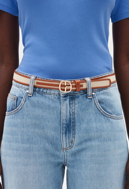 Beige canvas and leather monogram belt