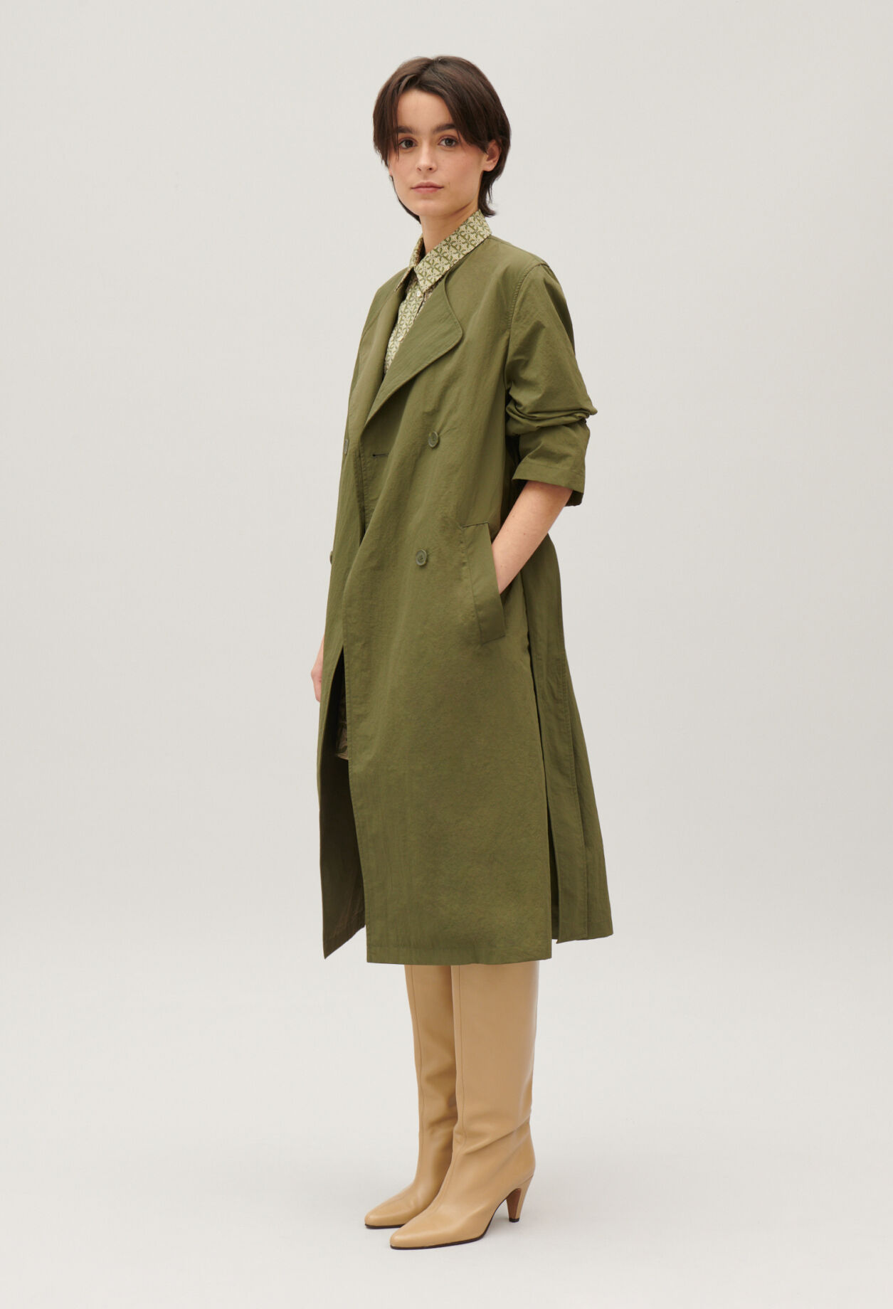 Khaki nylon mid-length trench coat