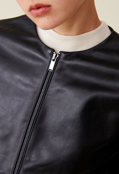 Short Round Neck Leather Jacket
