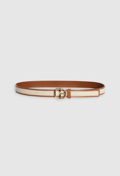 Beige canvas and leather monogram belt