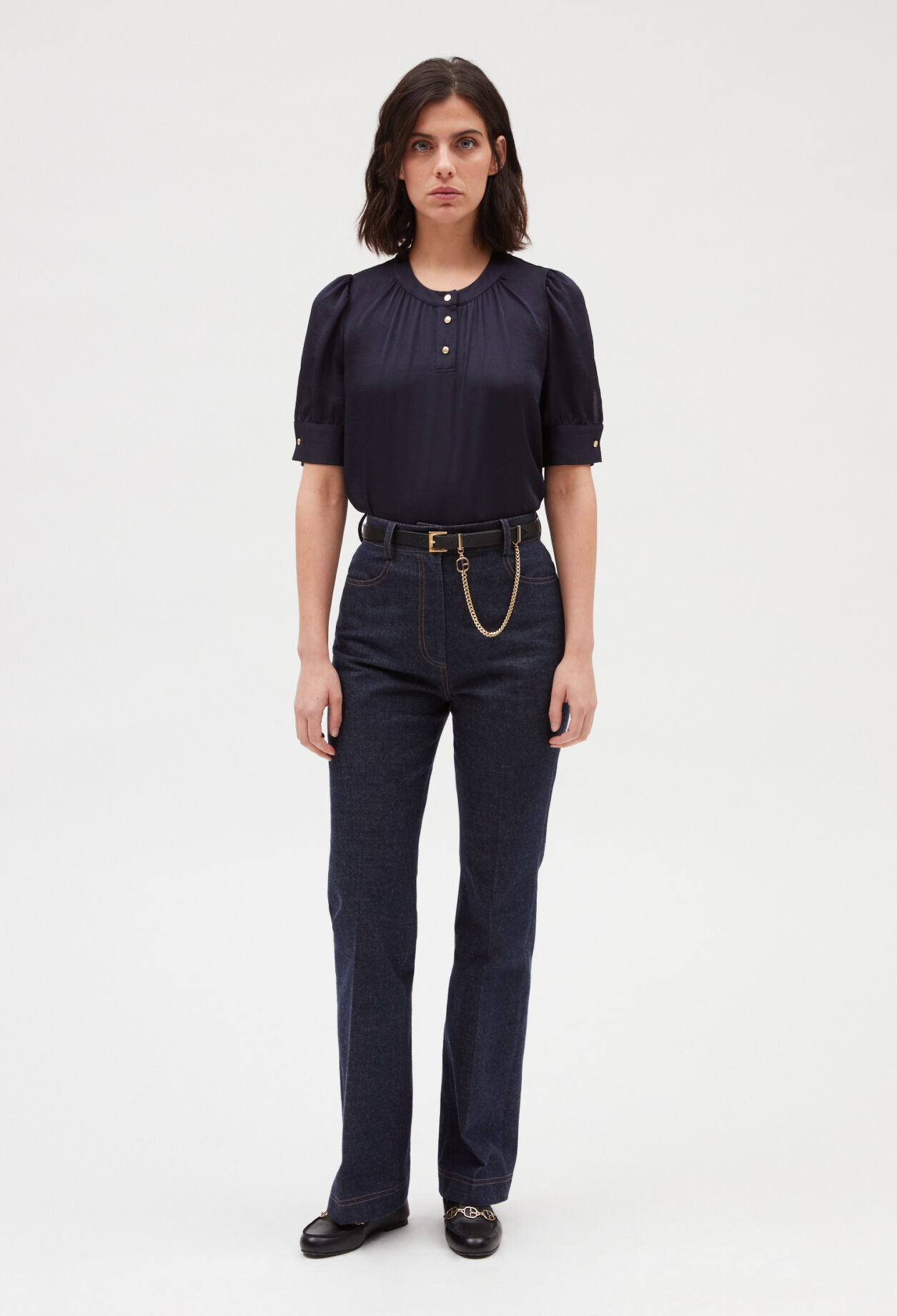 Navy blue short-sleeved blouse