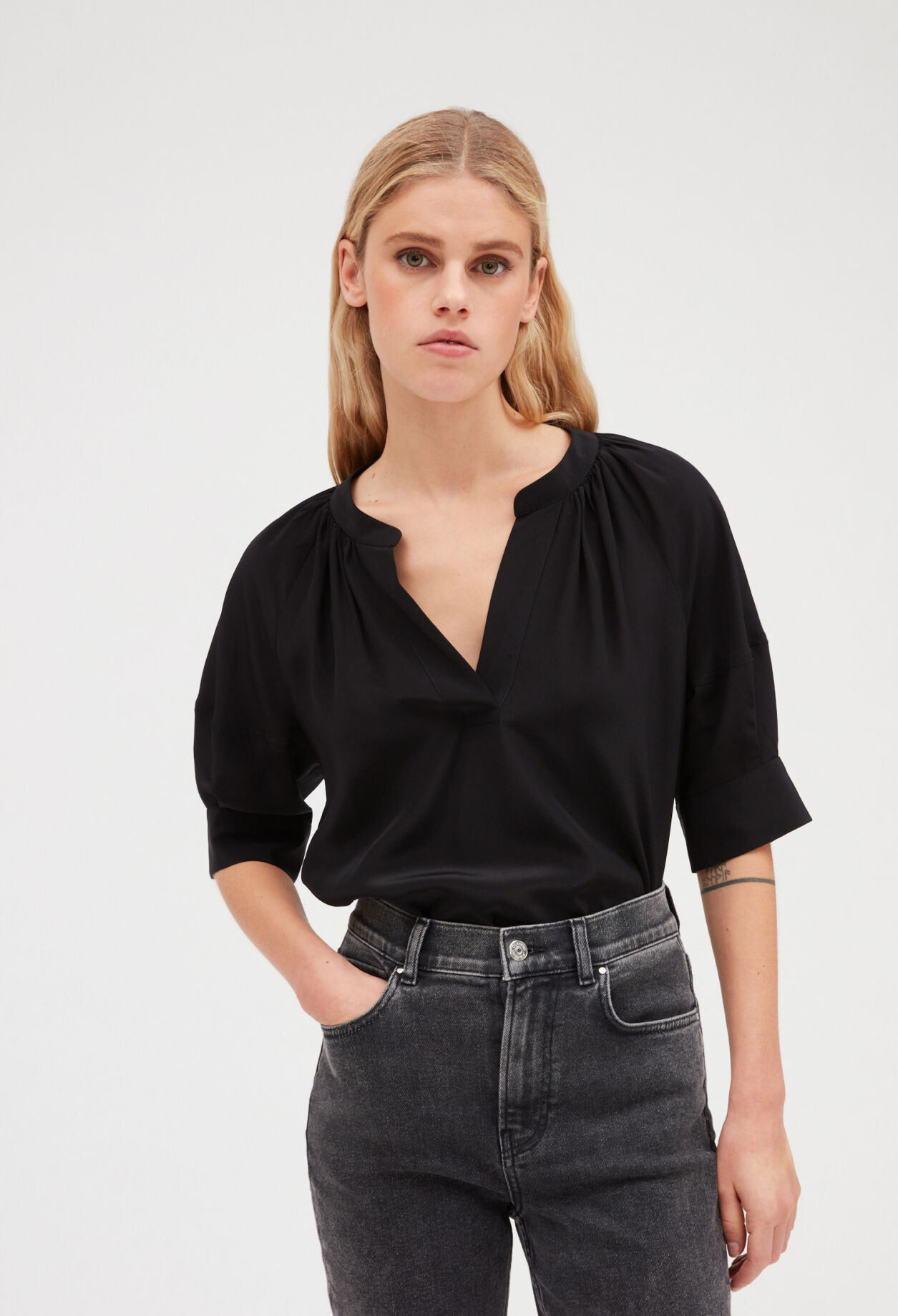 Black silk short sleeve blouse